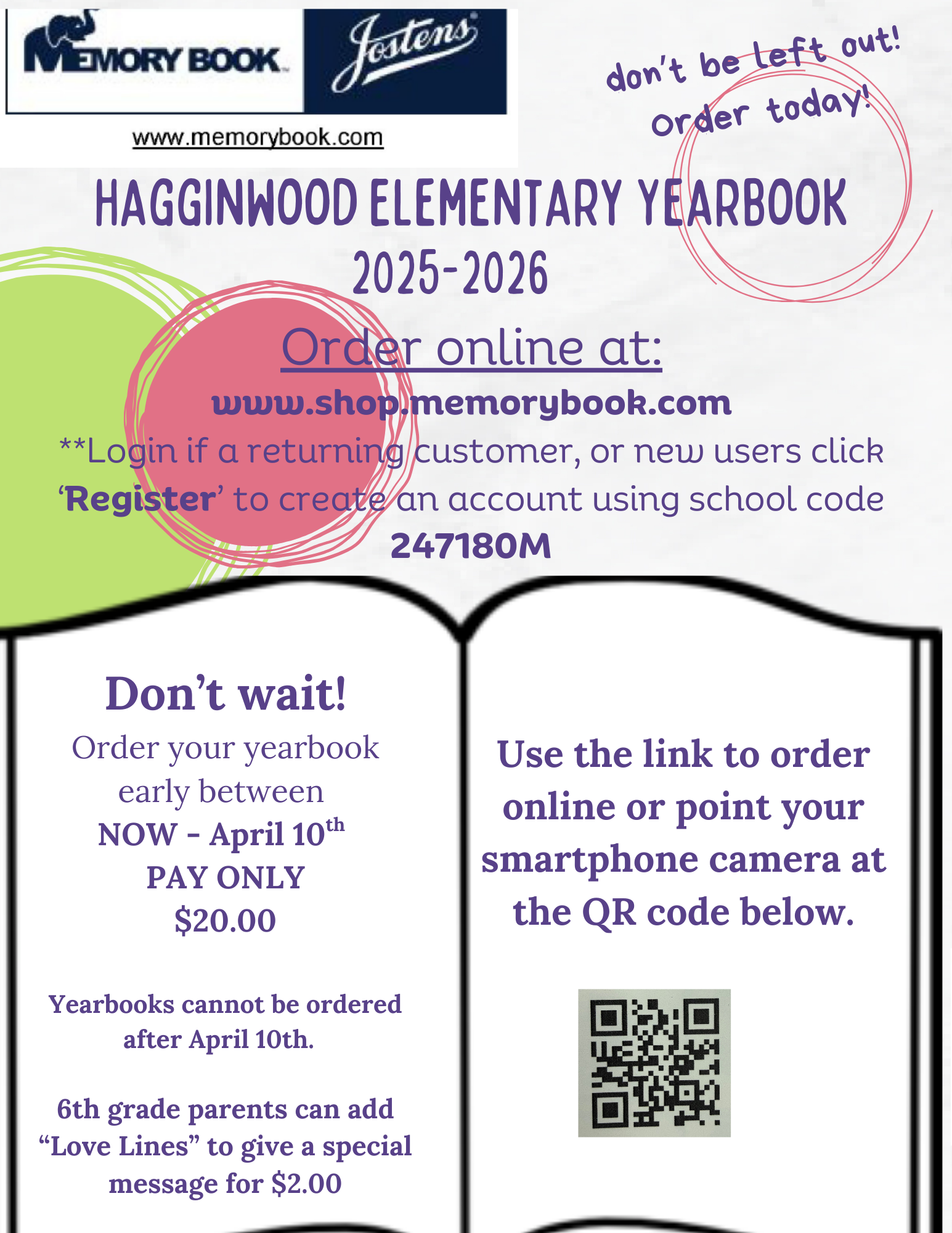 Order information for the 2023-2024 Hagginwood Hawks Yearbook. Can order through April 10th for $20.00