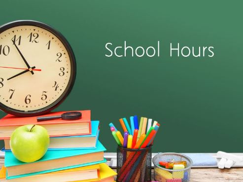 School Hours Image with clock, books, and pencils